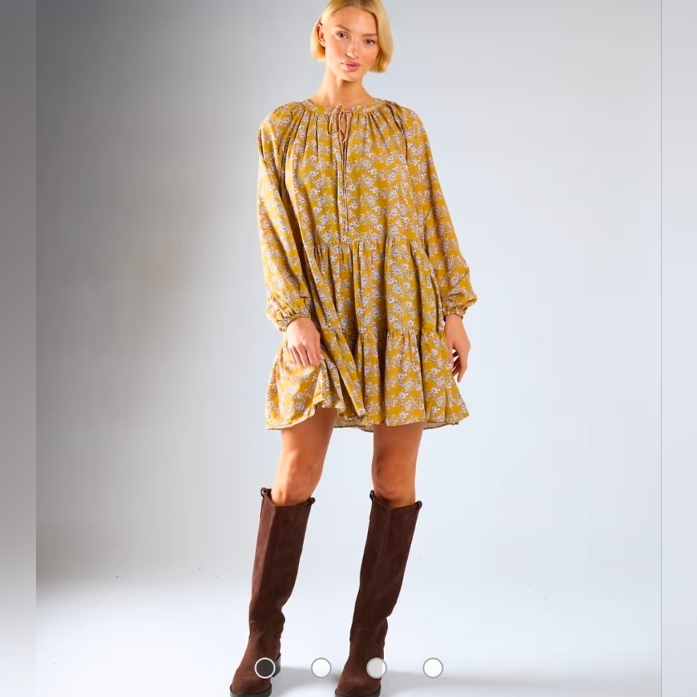 Glamorous Mustard Yellow & White Floral Tiered Dress Boho Cottagecore Mini Dress